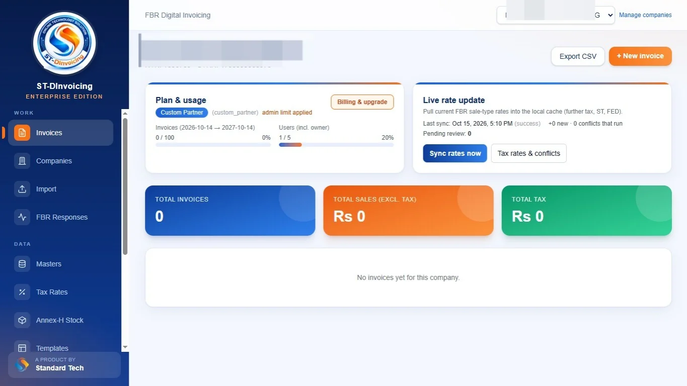 ST-DInvoicing dashboard showing invoices, plan usage and live FBR rate updates